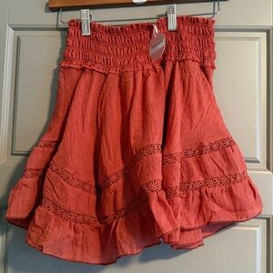 Coral Smocked Skirt with Lace Details